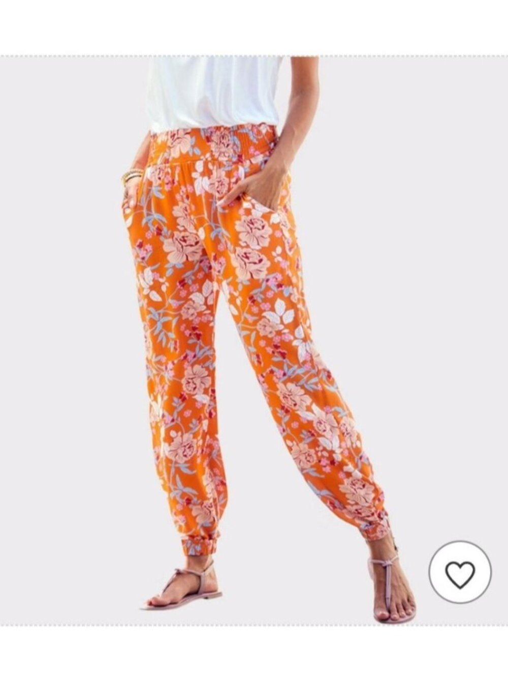 LASCANA Boho Floral Jogger Pants Sz 12 Orange Multi Smocked Pullon Boho NWT